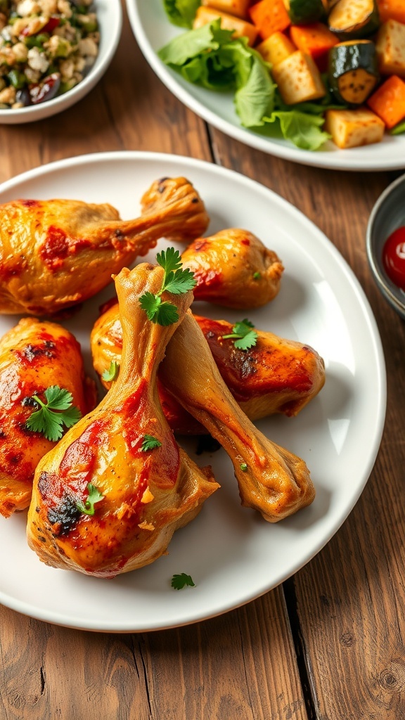 Baked chicken drumsticks on a plate with parsley, served with salad and roasted vegetables.